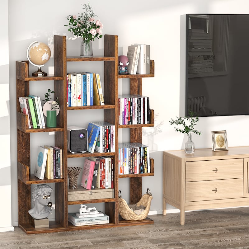Industrial Wood Bookshelves with 13 compartments,Tree-Shaped Bookcase,Books Organizer Display Shelves