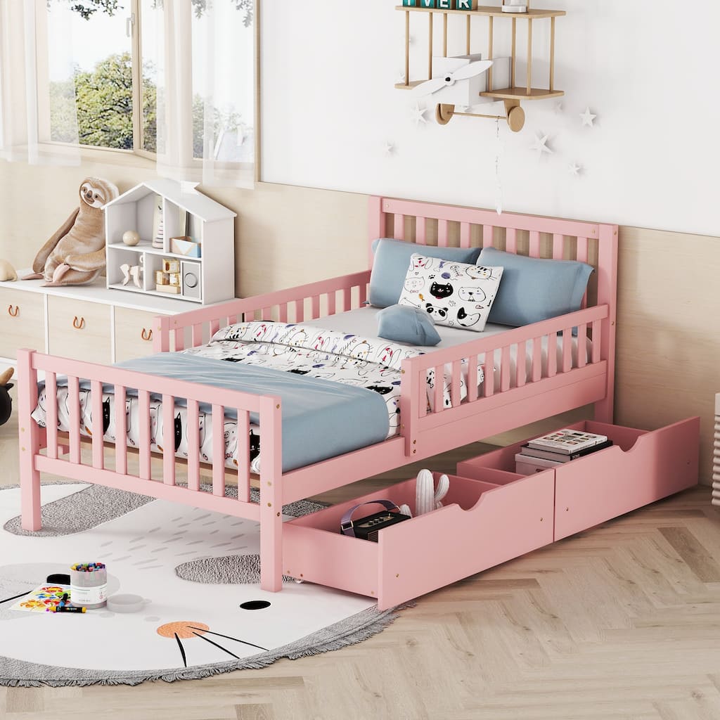 Pink Twin Size Wooden Platform Bed with Guardrails on Both Sides and Two Storage Drawers