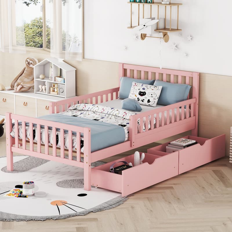Twin Size Wood Platform Bed with Guardrails and Storage Drawers, Pink - Pink