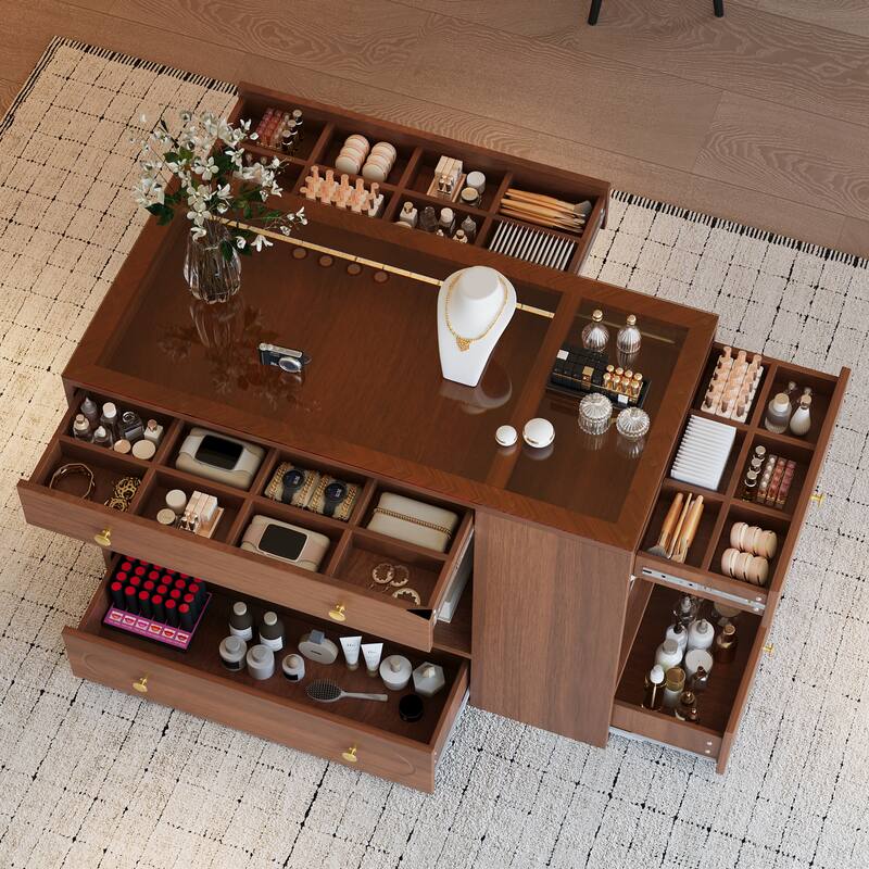 Closet Island with 6 Drawers & Glass Top - Wardrobe Armoire with Open Shelves, Jewelry Storage Vanity for Walk-In Closets