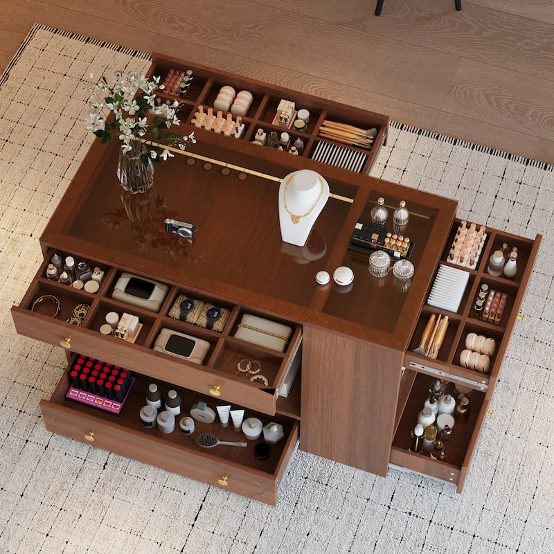 Roomfitters Closet Island with 6 Drawers, Glass Display Top and Open Shelves, Wardrobe Storage and Jewelry Vanity - Walnut