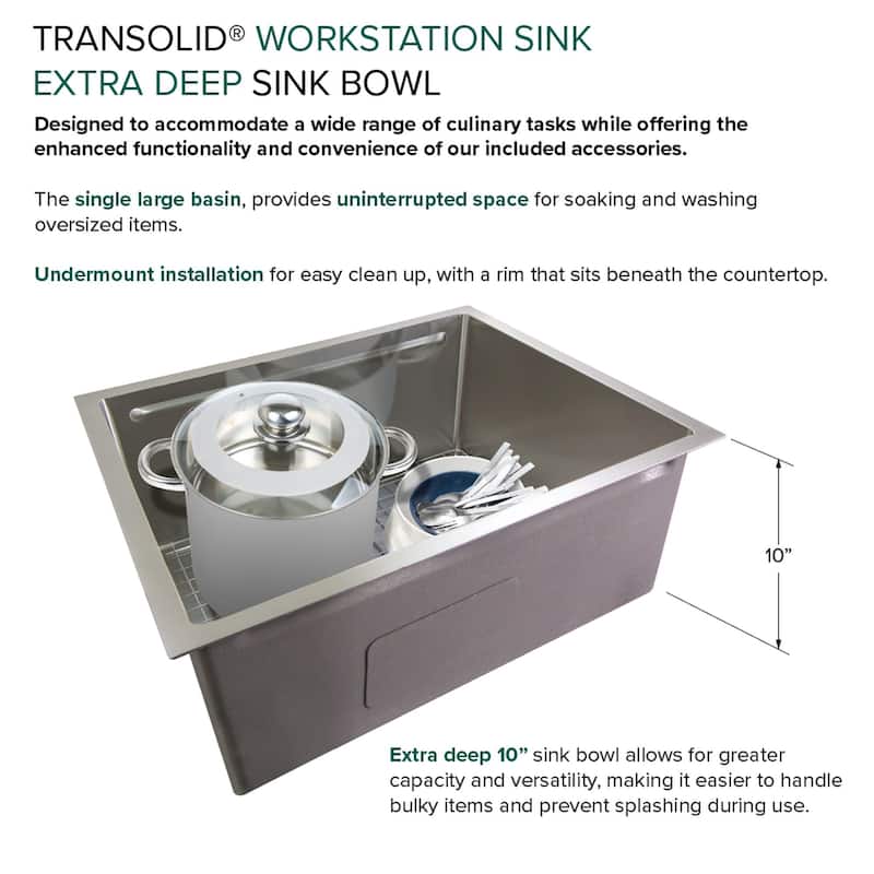 Transolid KWSSU271910 27-in X 19-in X 10-in 18-Gauge Undermount Stainless Steel Kitchen Workstation Sink