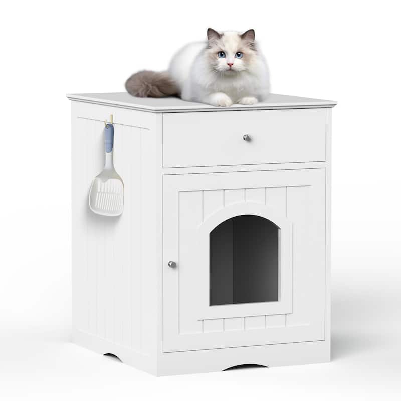 Wooden Pet House Cat Litter Box Enclosure With Drawer, Side Table, Indoor Pet Crate - 20.9''L x 18.9''W x 25'' H