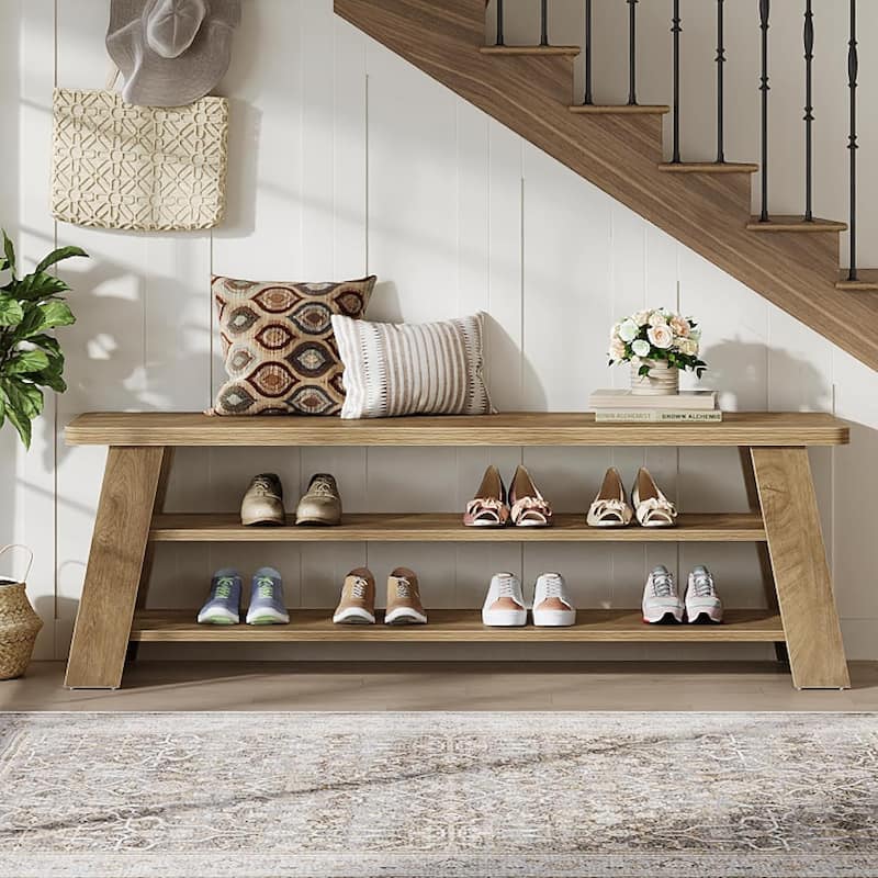 3-Tier Entryway Shoe Bench with Storage Shelf for Living Room, Wooden End of Bed Bench for Bedroom, Dining Bench for Dining Room