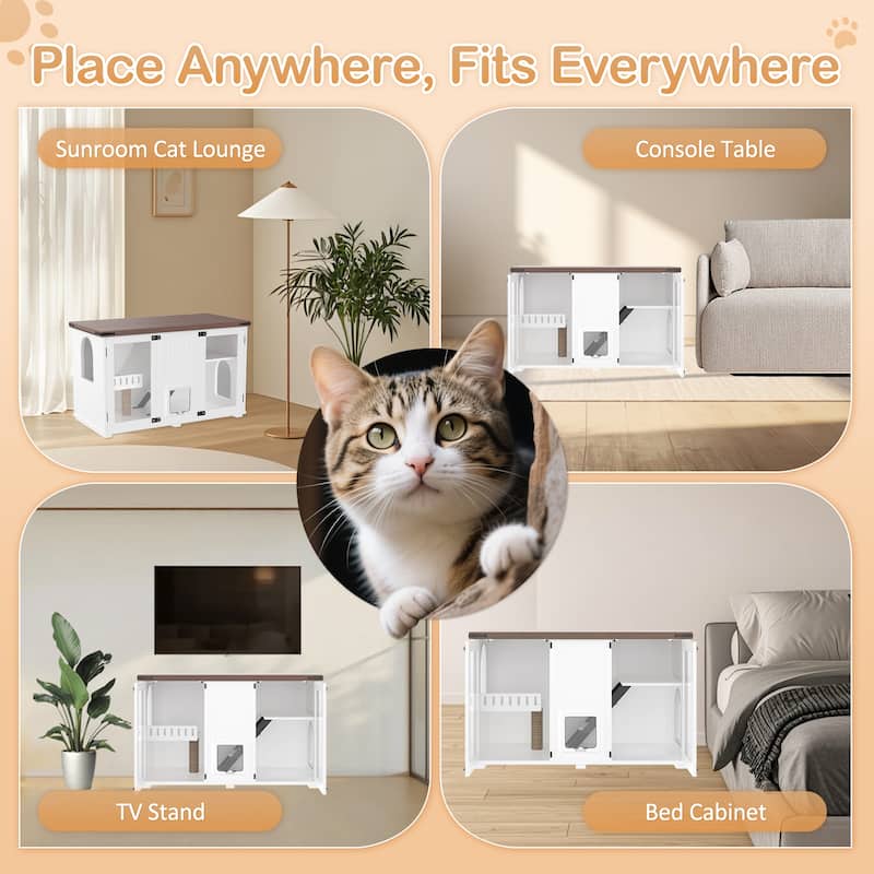 Anmytek Large Cat Litter Box Enclosure Furniture Hidden Cat House With LED Light Stairs Scratching Post Smart Doors