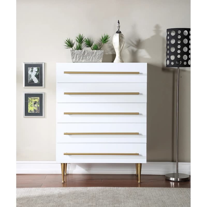 Contemporary White 5-Drawer Chest, Gold Accent Wooden Dresser Unit