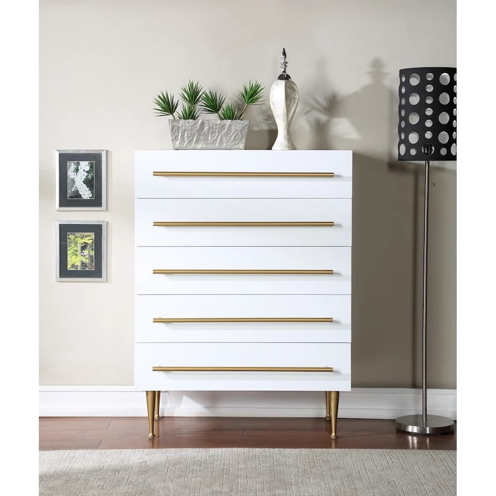 Contemporary White 5-Drawer Chest, Gold Accent Wooden Dresser Unit