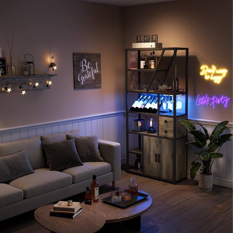 Wine Bar Cabinet with LED Lights, Tall Coffee Bar Station with Power Outlets and Wine Rack