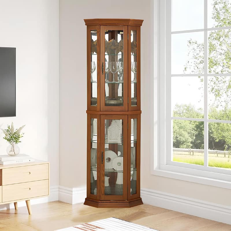 Roomfitters Wooden Corner Display Curio Cabinet, Lighted China Cabinet with Tempered Glass Door