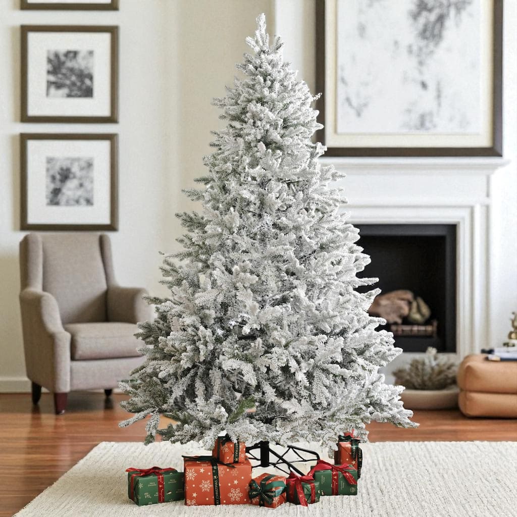 7ft Snow Flocked Artificial Christmas Tree with Hinged Branches, PE PVC Tips and Metal Stand