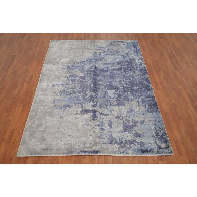 Hand Knotted Oriental Viscose Silk Carpet Modern Pictorial Purples Abstract Area Rug - 7' 10'' X 5' 9''