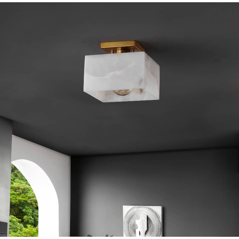 Tessa 8" 1-Light Modern Contemporary Alabaster/Iron Square LED Semi Flush Mount, White Marbling/Brass Gold by JONATHAN Y