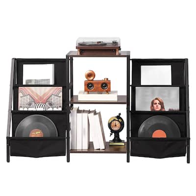 Black 3-Tier Metal Record Player Stand with Built in Power Strip and Oxford Fabric Bags - 49.21" x 11.81" x 29.13"