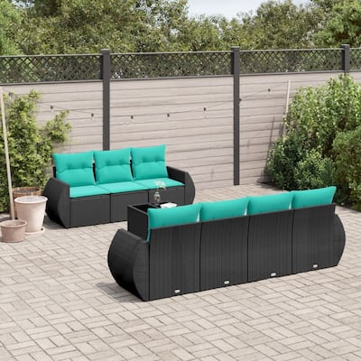 vidaXL 8 Piece Patio Sofa Set with Cushions Black Poly Rattan - 28 x 24.4 x 27.2