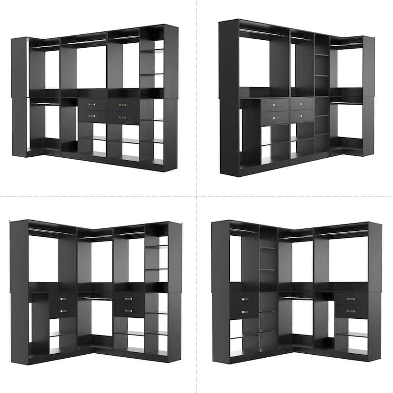 51''-110'' Freestanding Closet Organizer with Hanging Rods, Set of 3 Corner Closet System with Drawers