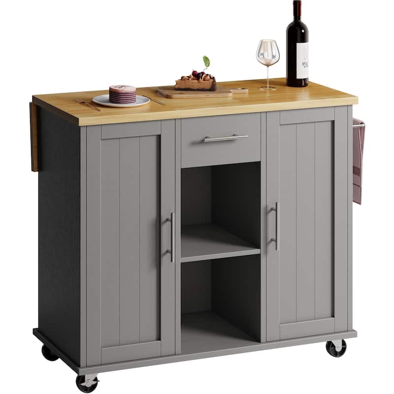 2-Door Kitchen Island with Drawer & Drop Leaf - Mobile Storage Cart on Lockable Wheels for Kitchen, Dining Room, Bar
