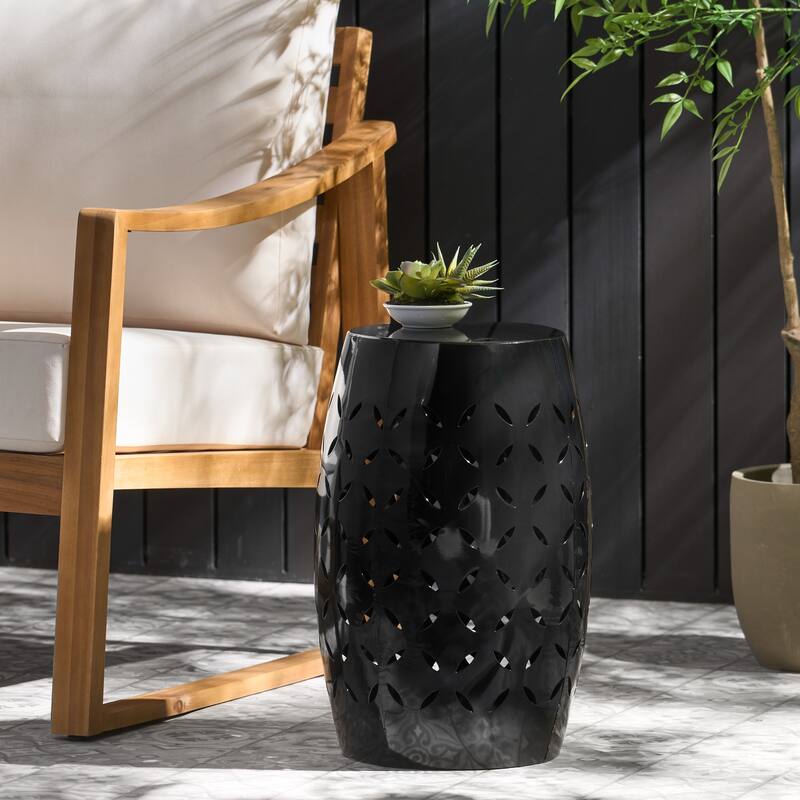 12.25" Modern Round Side Table with Barrel Structure and Iron-cut Design for Living Room or Bedroom