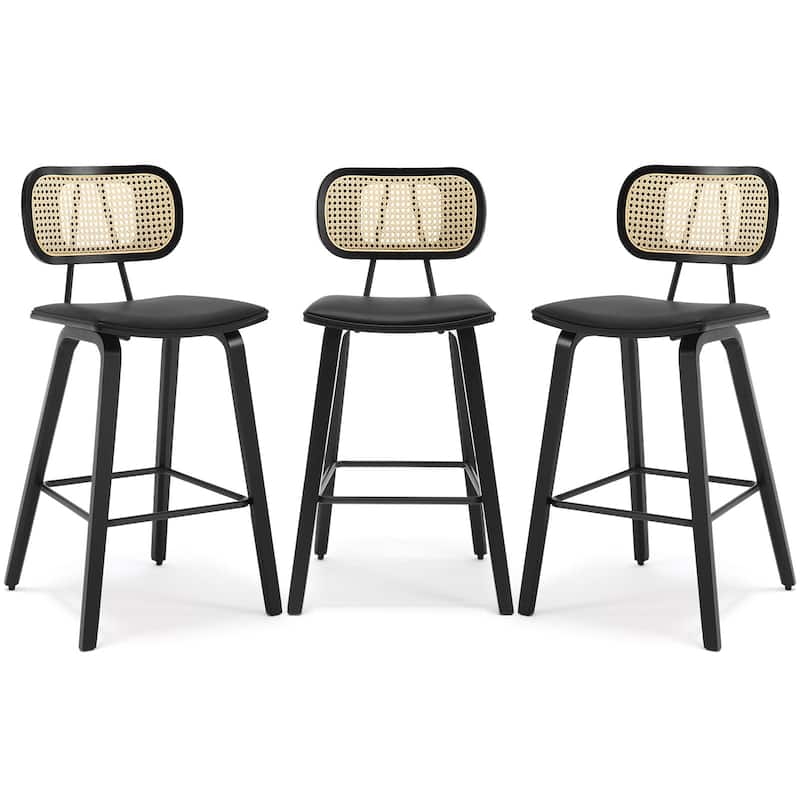 26-inch Wood Counter Height Bar Stools with Rattan Back - Set of 3 - Black PU-black frame