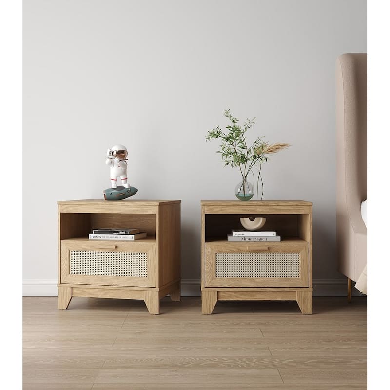 Manhattan Comfort Sheridan Modern Cane Nightstand Set of 2 - Nature