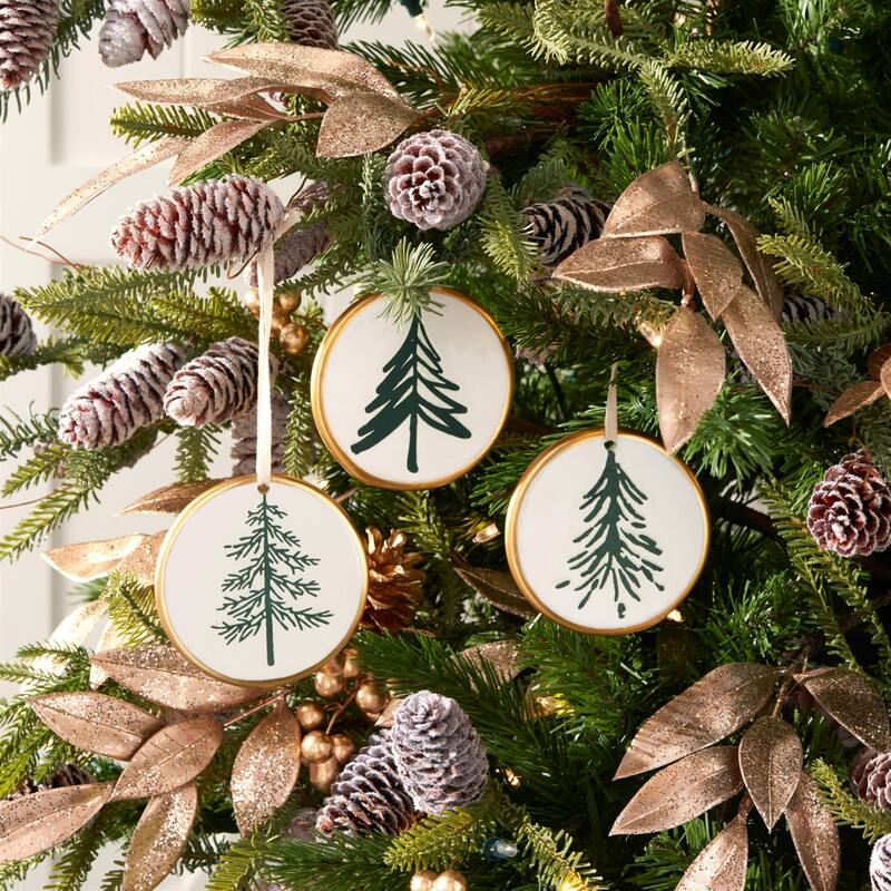 Ceramic Pine Tree Christmas Disc Ornaments - 3.5" - 12ct