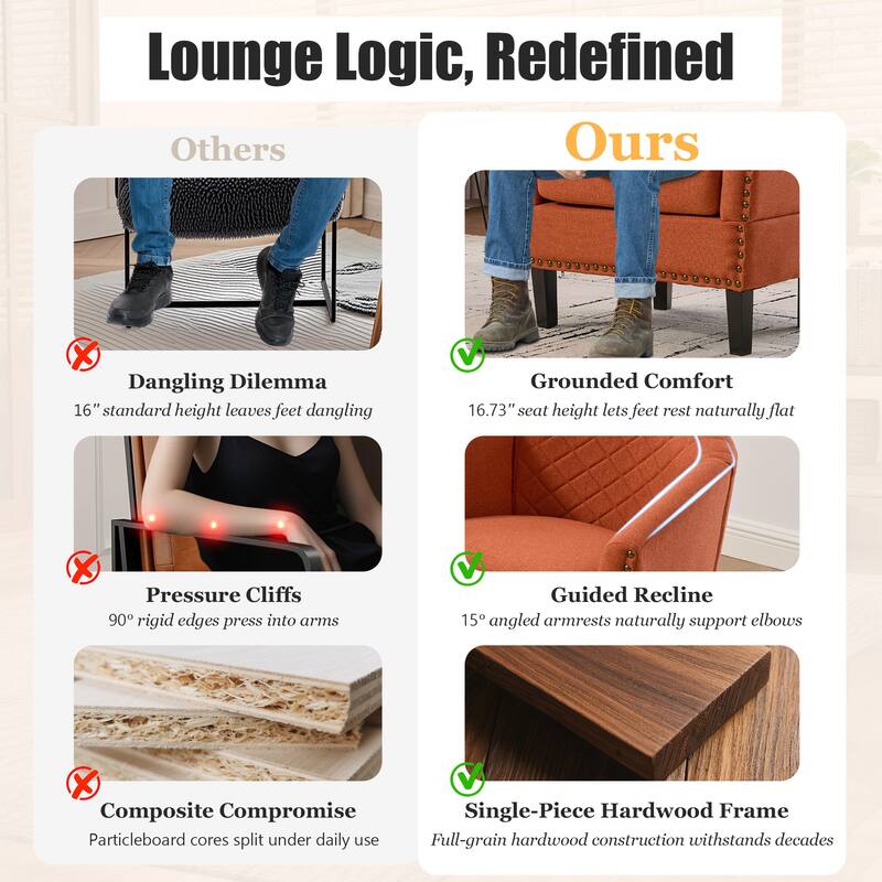 HOMEFUN Leather Upholstered Nailhead Wooden Frame Barrel Club Chair with Solid Woood Legs