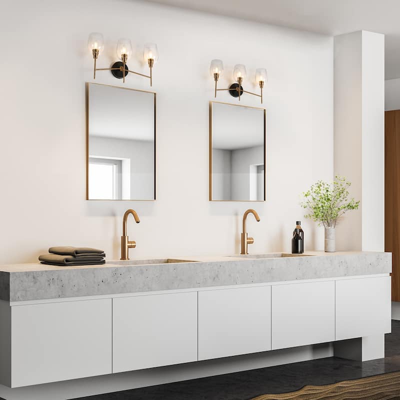 Denan Modern Glam Black Gold 3-Lights Bathroom Vanity Lights Bedroom Wall Sconces with Textured Glass