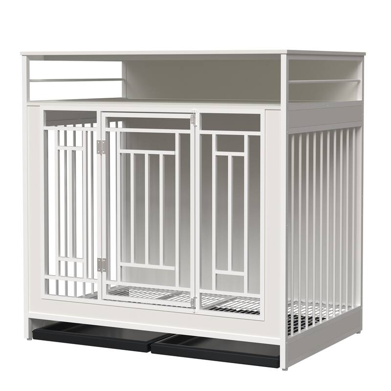 43.3" Dog Crate Furniture for Large Dogs, Wooden Dog Crate with Divider, 2 Door Dog Kennel with 3 Drawers Storage