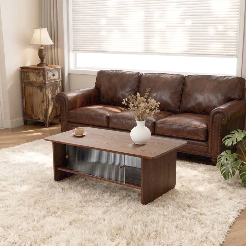 47" Stylish Coffee Table 2-Tier Center Tables with Storage, Large Living Room Table Rectangular Wood Tea Tables with Glass Door