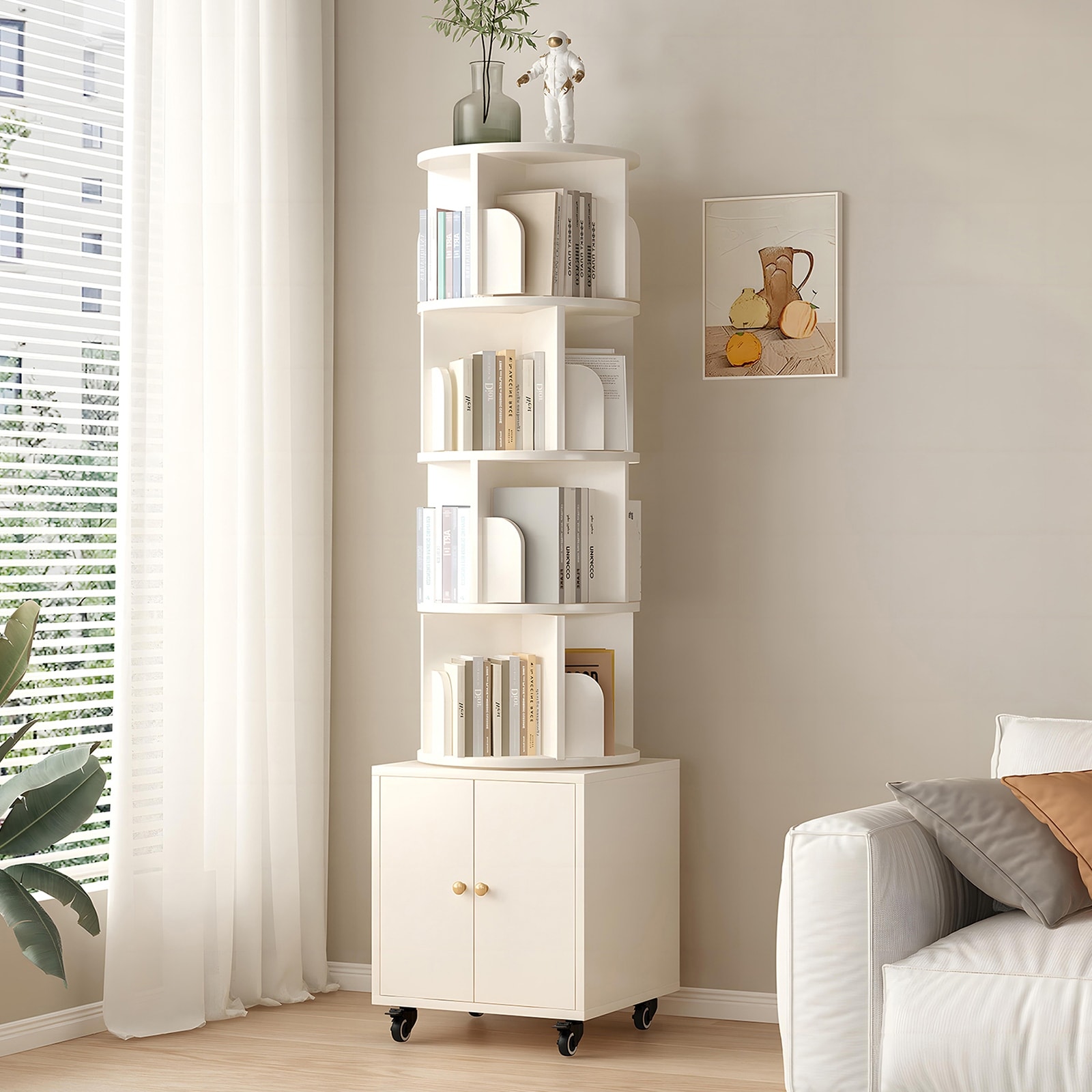 360° 5-Tier Wood Rotating Bookshelf Tower with Double Door & Wheels