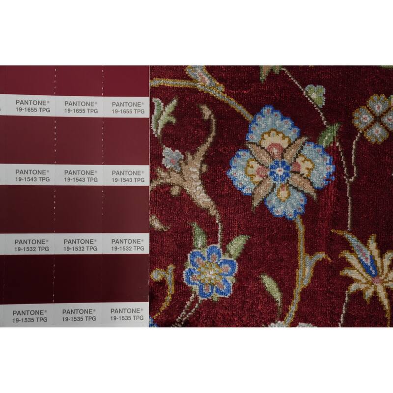 Hand Knotted Oriental 100% Silk Carpet Traditional Floral Red Qum Area Rug - 13' 2'' X 9' 7''