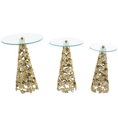 Aluminum Metal Floral Cutout Cone Shaped Accent Table with Tempered Glass Tabletop - Set of 3 Silver or Gold - Roche River Decor