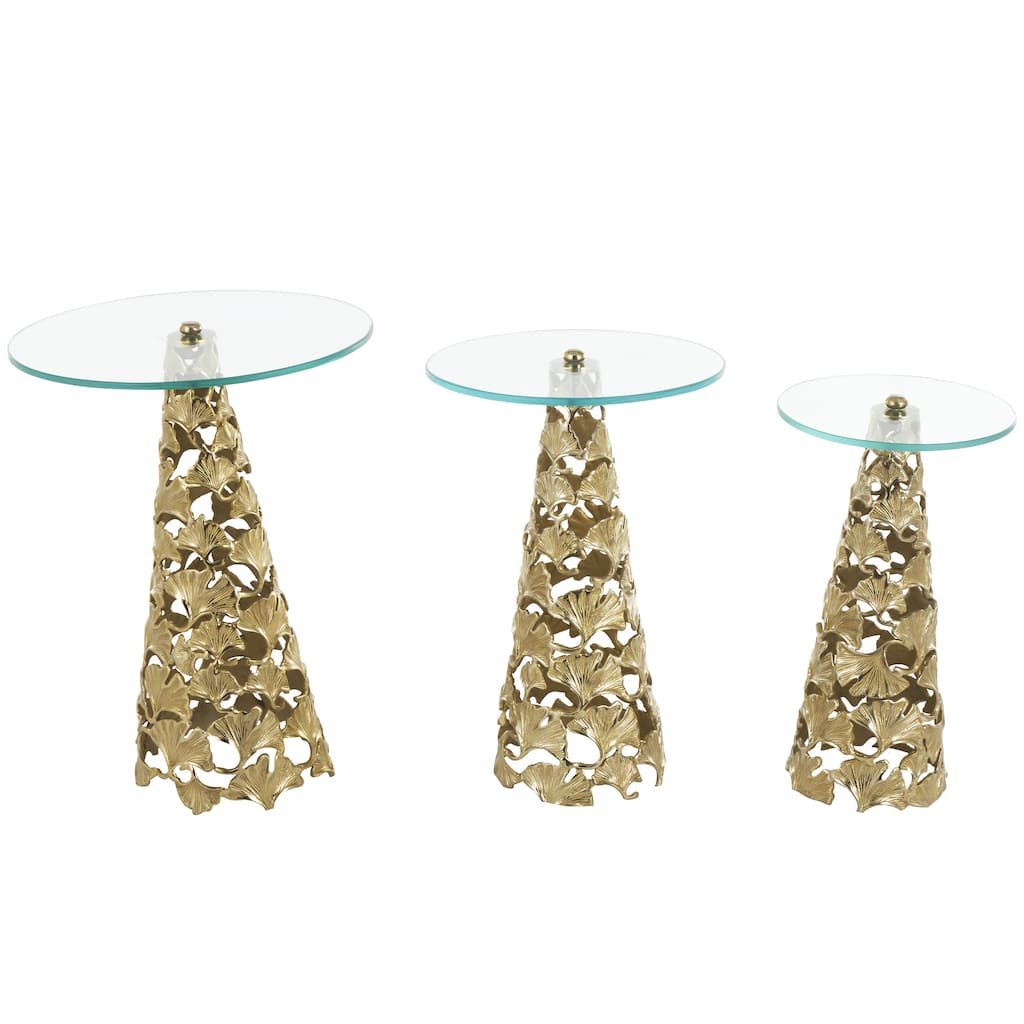 Aluminum Metal Floral Cutout Cone Shaped Accent Table with Tempered Glass Tabletop - Set of 3 Silver or Gold - Roche River Decor