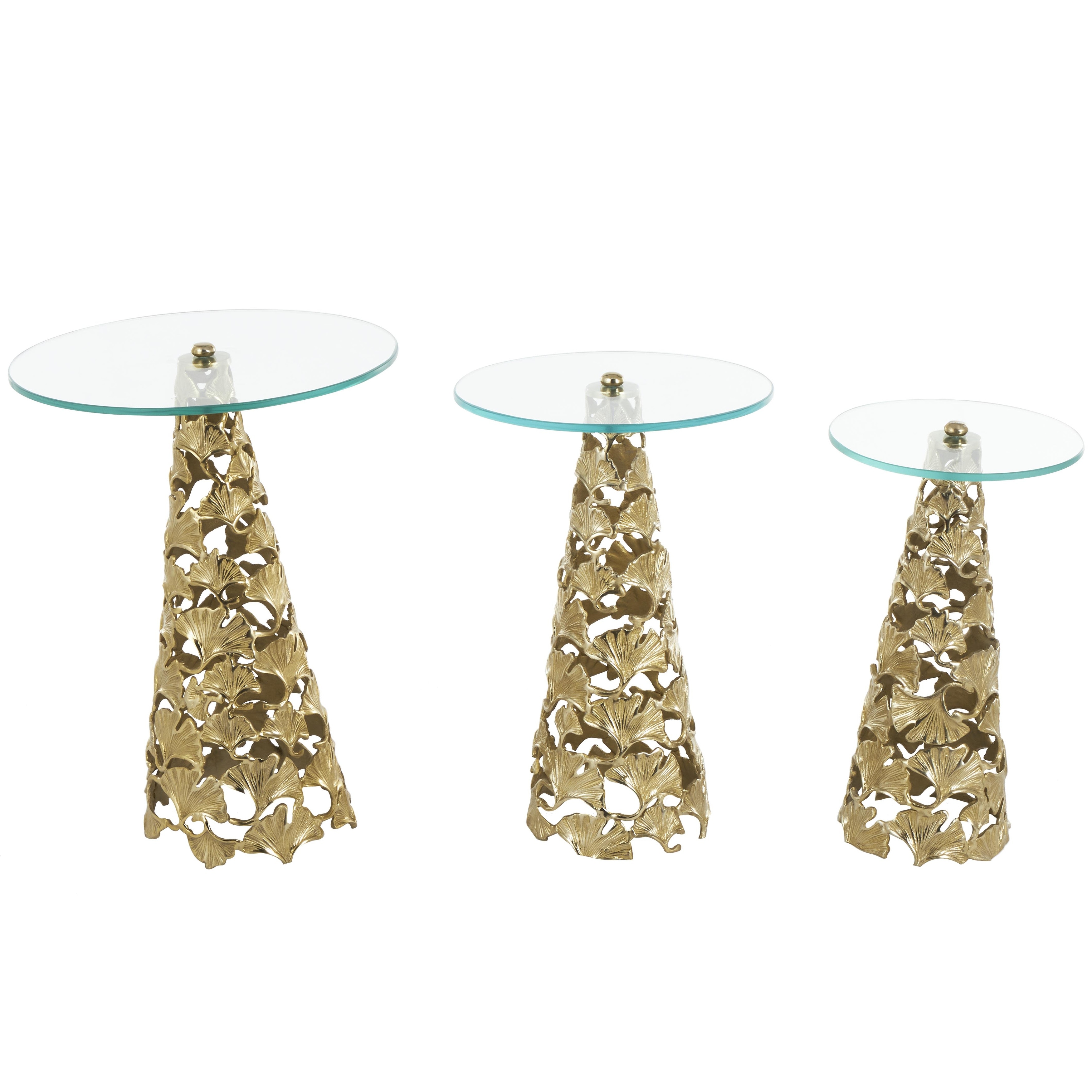 Roche River Decor - Aluminum Metal Floral Cutout Cone Shaped Accent Table with Tempered Glass Tabletop - Set of 3 Gold or Silver