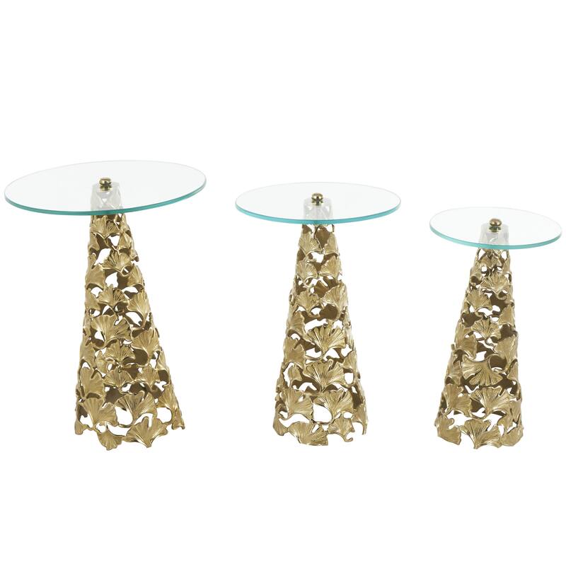 Gold or Silver Aluminum Metal Cutout Cone Shaped Floral Side End Accent Table with Tempered Glass Tabletop (Set of 3)
