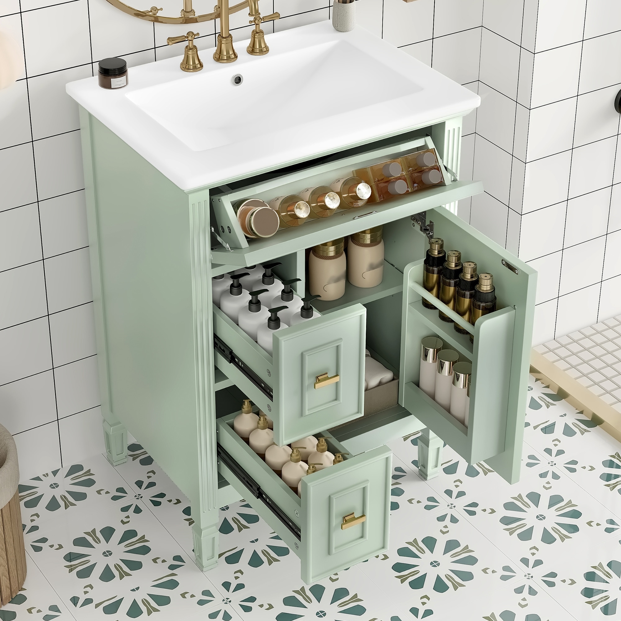 24-Inch Bathroom Vanity with Sink, Solid Wood and MDF Cabinet with One Flip Drawer, Two Standard Drawers
