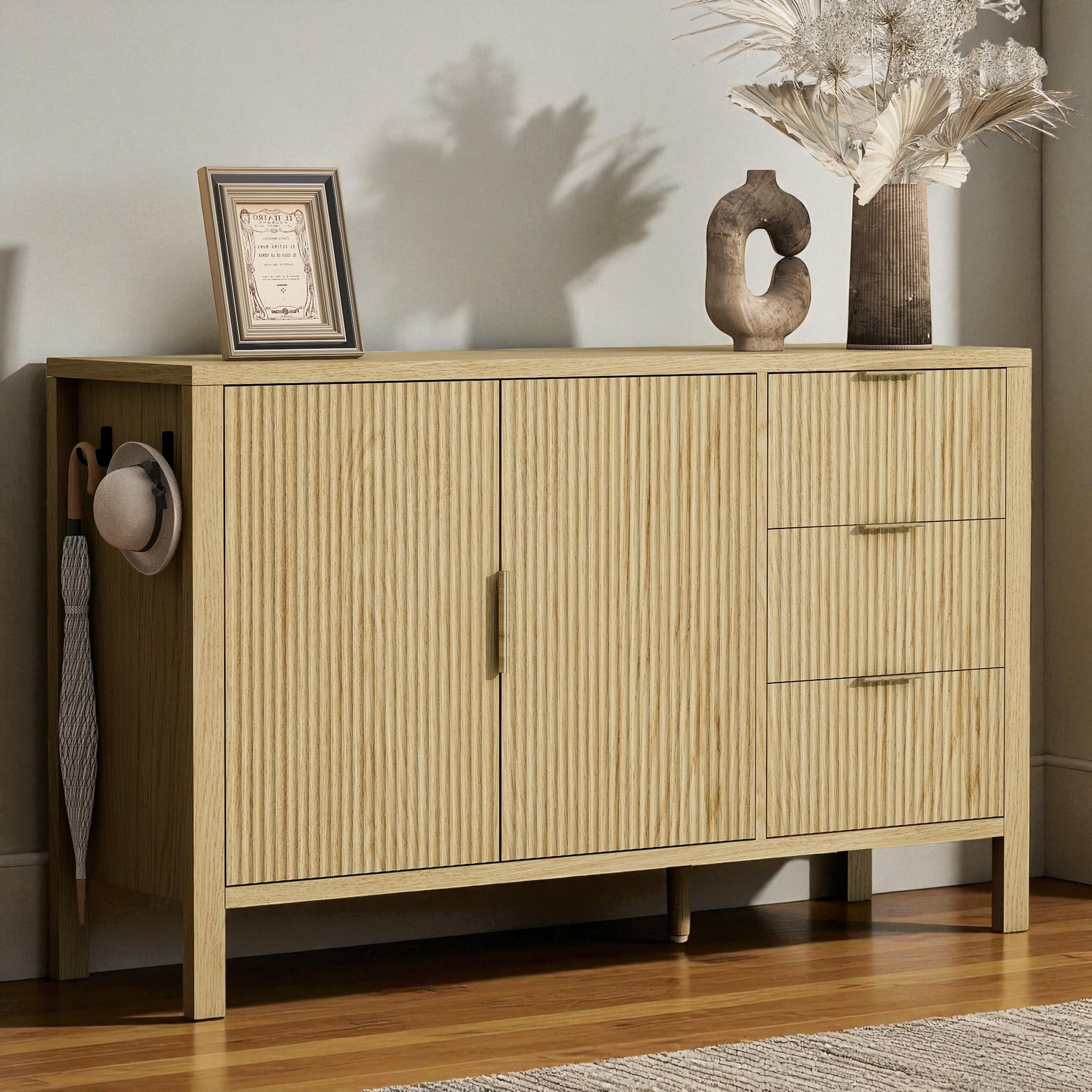 Modern Wave-Pattern Sideboard with 3 Drawers, Buffet Cabinet with Hooks & Center Leg for Living Room or Entryway