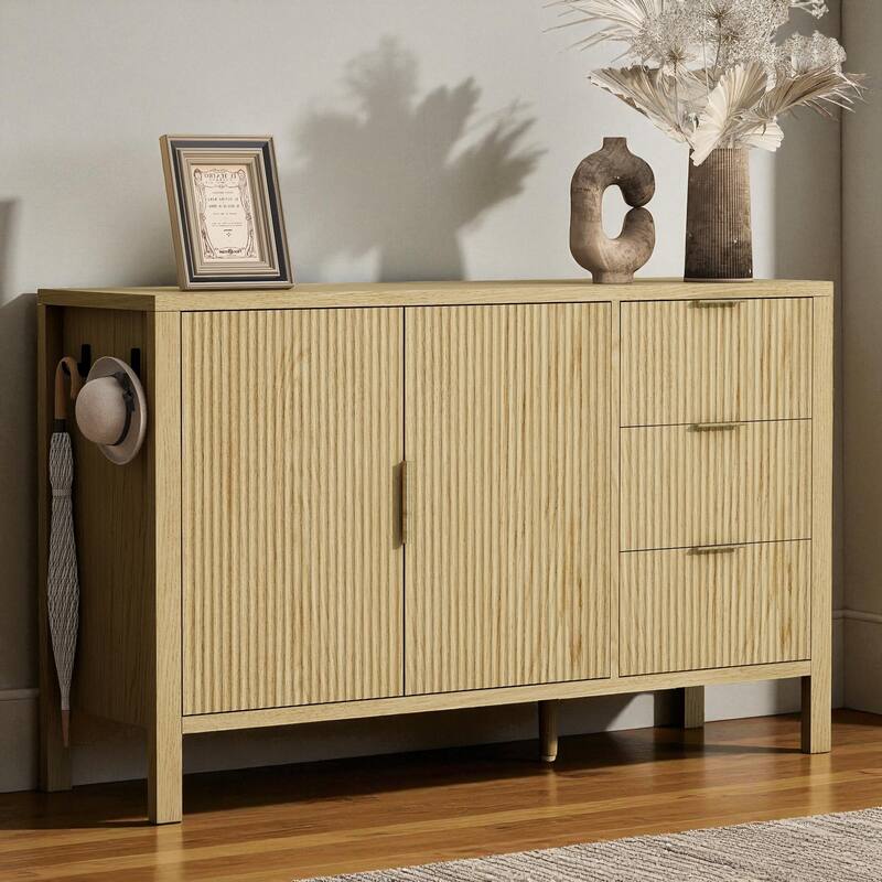 Modern Wave-Pattern Sideboard with 3 Drawers, Buffet Cabinet with Hooks & Center Leg for Living Room or Entryway - Natural