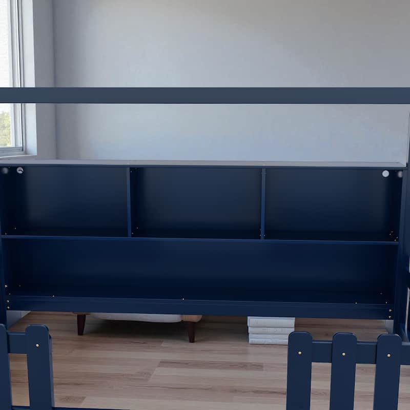 Twin Size Wooden House Bed with LED Light and Storage Bookshelf, Low Floor Kids Bed Frame with Guardrails
