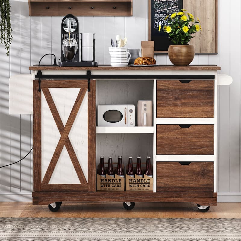 55.5" Farmhouse Kitchen Island with Drop Leaf, Kitchen Storage Island with Barn Door, Power Outlet, Rolling Kitchen Cart