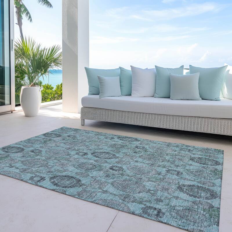 Machine Washable Indoor/ Outdoor Chantille Casual Floral Rug - Turquoise - 5' x 7'6"