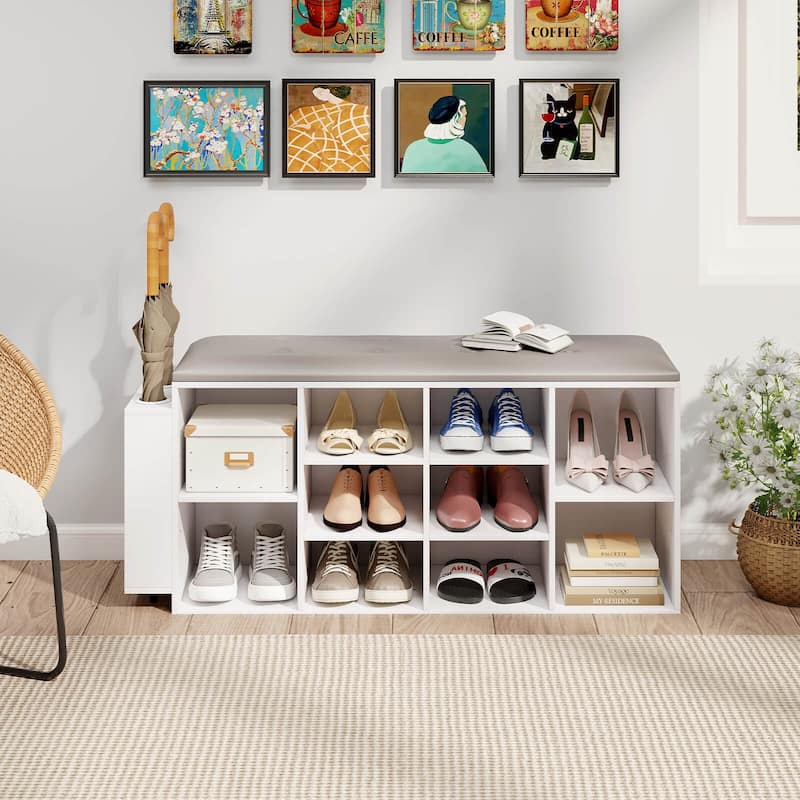 Costway Wooden Shoe Bench 10-Cube Storage Organizer with Padded - See Details