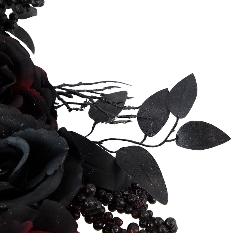 Roses and Foliage Halloween Spider Wreath - 24" - Burgundy and Black - Unlit