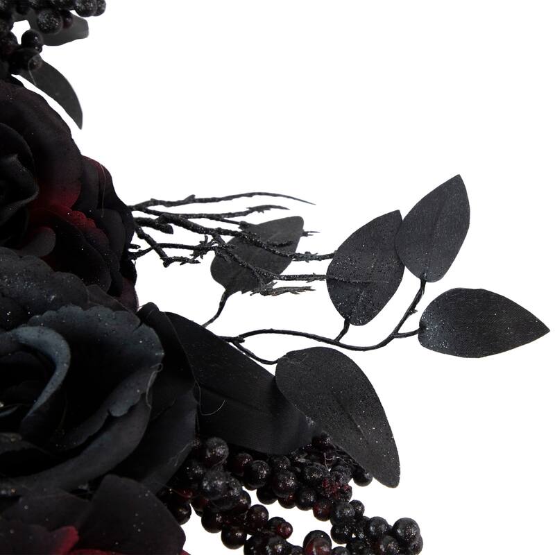 Burgundy and Black Roses with Spiders Halloween Wreath 24-Inch Unlit