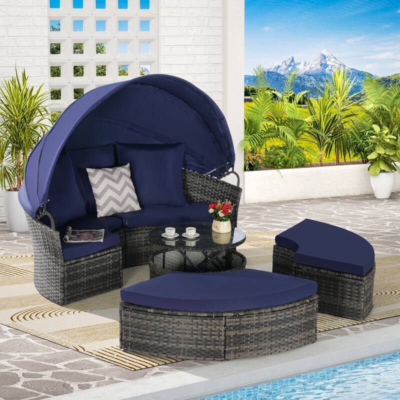 Outdoor Rattan Daybed Round Sunbed with Retractable Canopy, 5 Piece Sectional Patio Conversation Set with Storable Table