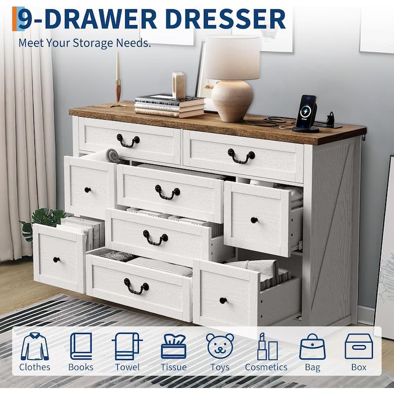 9 Drawer Dresser with Charging Station,54" Wide Wood Dresser with Metal Handle