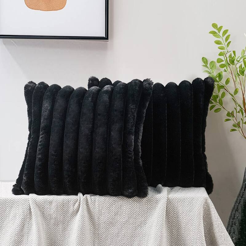 Fuzzy Striped FauxFur Pillow Shell Soft Cushion Covers for Sofa