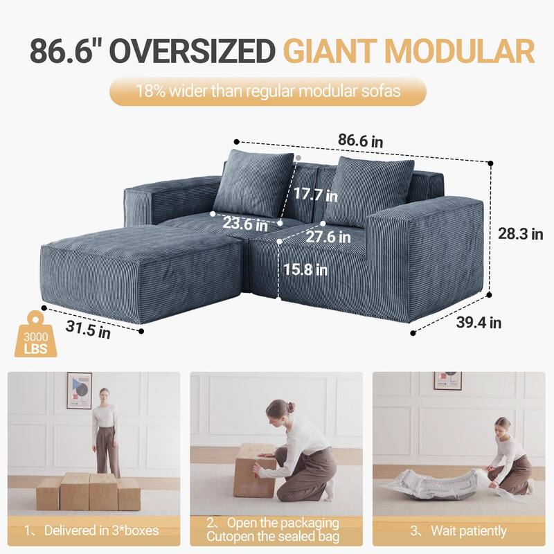 Modular Sofa Convertible Oversized Sofa Bed Corduroy Velvet 2 Person Gray