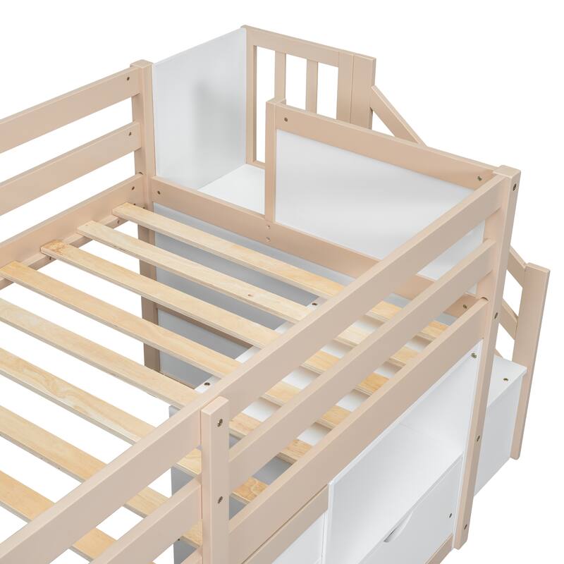 Solid Wood Low Loft Bed With Stair, Drawer, and Shelf