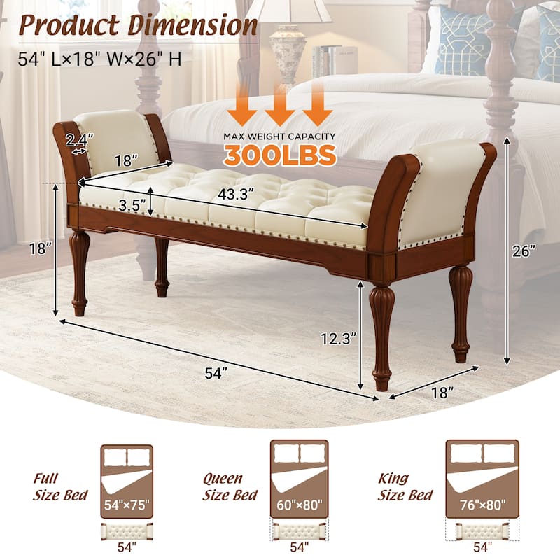 Christopher Knight Home - Mid-Century Classic Sleek Button-Tufted PU Leather Upholstered End-of-Bed Bench with Rolled Arms