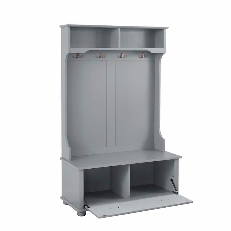 Coastal Style Hall Tree Entryway Bench with Open Shelves and Shoe Cabinets